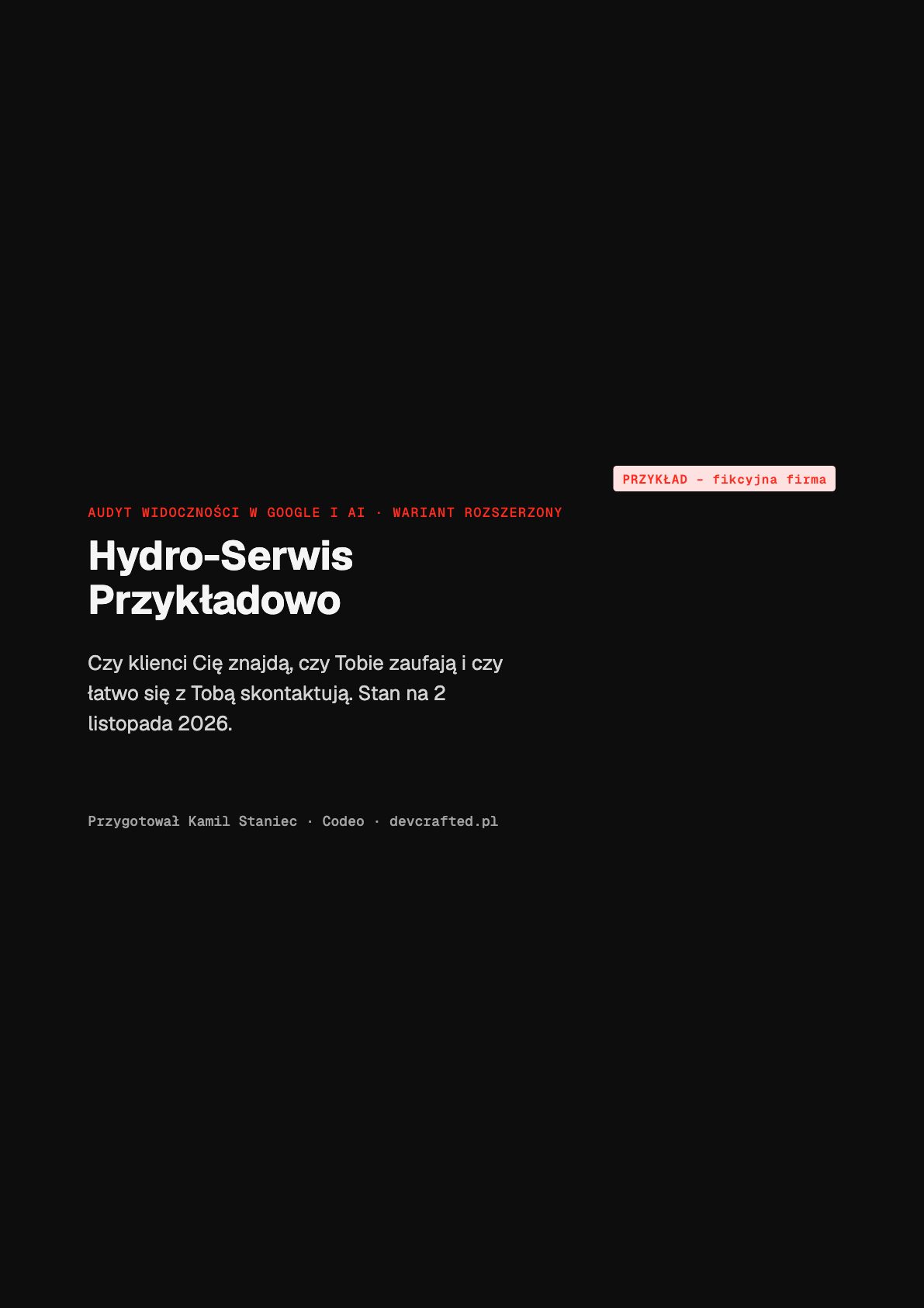 Przykładowa okładka raportu: nazwa fikcyjnej firmy, wariant rozszerzony i data audytu